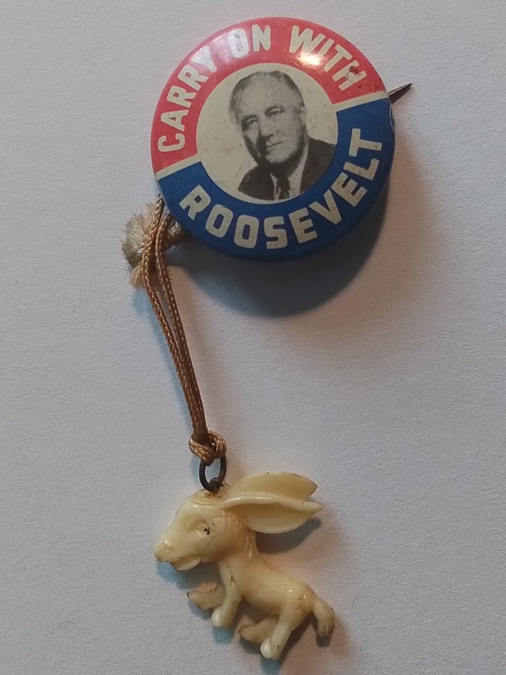 Carry On With ROOSEVELT Presidential Campaign Portrait Pin with Donkey FDR